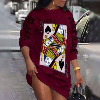 Ladies Loungewear Round Neck Poker Letter Print Long Sleeve Plus Size Women Clothing Street Style 